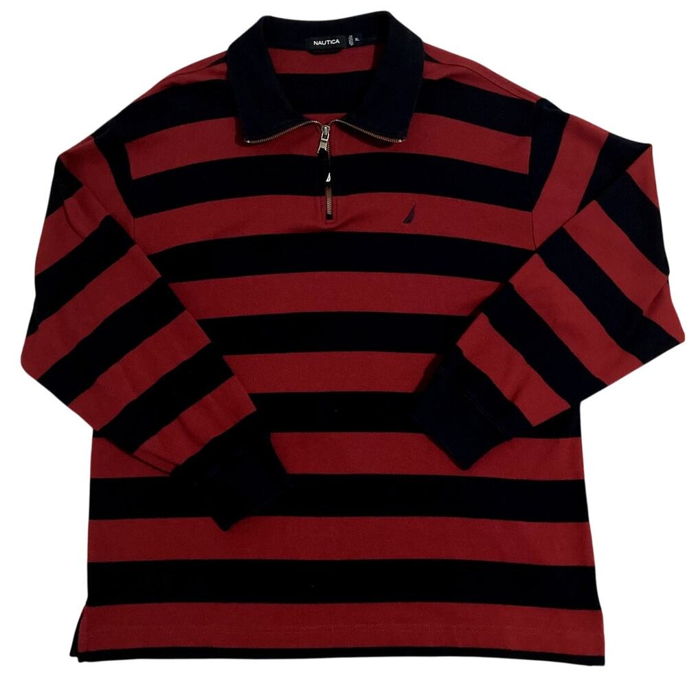 Nautica Vintage‎ Quarter Zip Rugby Pullover Mens XL Red/Black Striped Sport Y2K